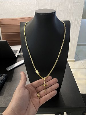 CORRENTE CADEADO DUPLO FECHO GAVETA COM MARCAÇÃO 750 (3mm - 15G - 50, 60cm ou 70cm) - + PINGENTE CRUZ AMARRADA - BANHADO A OURO 18K