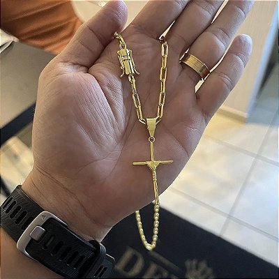 Corrente Cartier 4mm 70cm + Pingente Cruz amarrada – Banhada a Ouro 18K