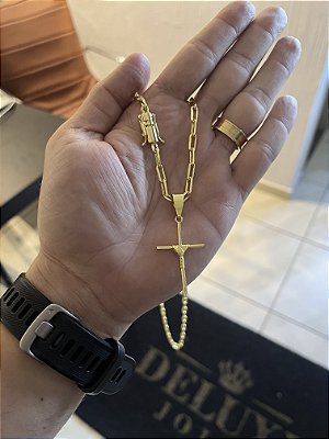 CORRENTE CARTIE (4MM - 50, 60cm ou 70cm) + PINGENTE CRUZ AMARRADA   - BANHADO A OURO 18k