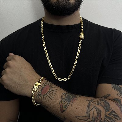 Corrente Cadeado 8mm 70cm + Pulseira 21cm – Banho Ouro 18k