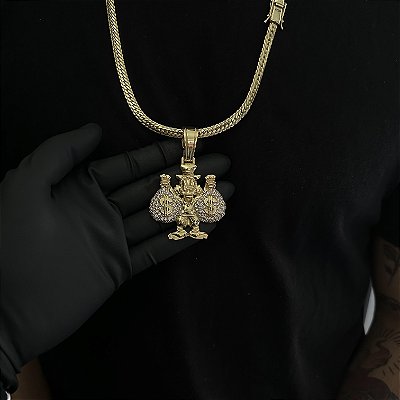 CORRENTE  LACRAIA FLAT  (6mm - 26G 70 cm) + PINGENTE TIO PATINHAS  CRAVEJADO EM ZIRCÔNIA  PREMIUM - BANHO DE OURO 18k