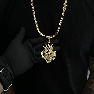 CORRENTE  LACRAIA FLAT  (6mm - 26G 70 cm) + PINGENTE CORAÇÃO COM COROA JESUS É O DONO DO LUGAR  - BANHO DE OURO 18k