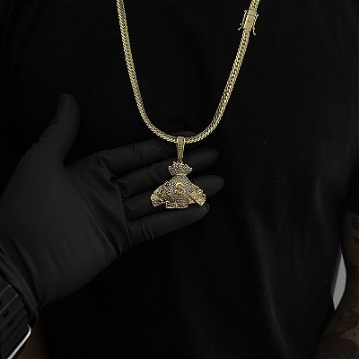 CORRENTE  LACRAIA FLAT  (6mm - 26G 70 cm) + PINGENTE MADOLE DÓLAR CRAVEJADO EM ZIRCÔNIA  PREMIUM - BANHO DE OURO 18k