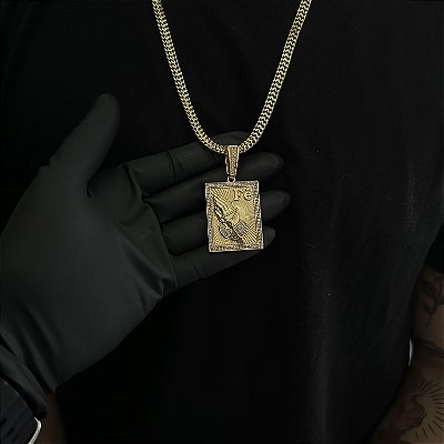 CORRENTE  GRUMET DUPLA  (7mm - 28g  70cm) + PINGENTE PLACA FÉ  COM MÃO CRAVEJADA EM ZIRCÔNIA PREMIUM G - BANHO DE OURO 18k