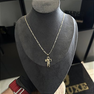 CORRENTE 3x1 + PINGENTE CRUZ VAZADA COM FACE DE JESUS  ( 2mm 50cm FEM ) - BANHO DE OURO 18k