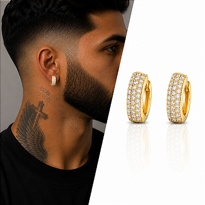Brinco Argola Ney Cravejada com 3 Fileiras de Zircônias – Banhado a Ouro 18K