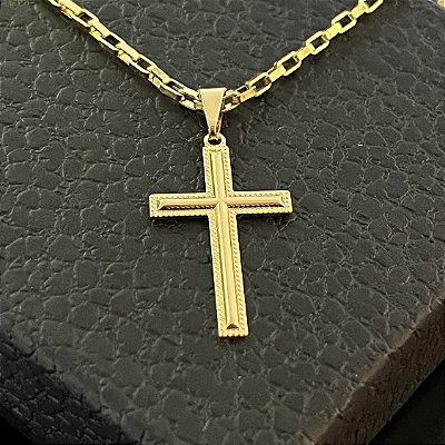Pingente Cruz Lisa Borda Diamantada – Banhado a Ouro 18K