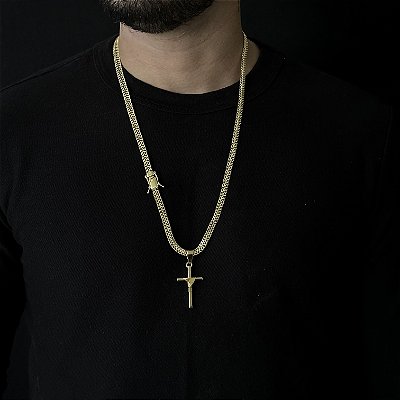 CORRENTE GRUMET DUPLA ( 7mm - 70Cm) + PINGENTE CRUZ AMARRADA  MACIÇA - BANHADO A OURO 18k