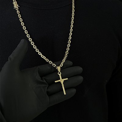 CORRENTE CADEADO ( 5mm - 70Cm) + PINGENTE CRUZ AMARRADA MACIÇA - BANHADO A OURO 18k