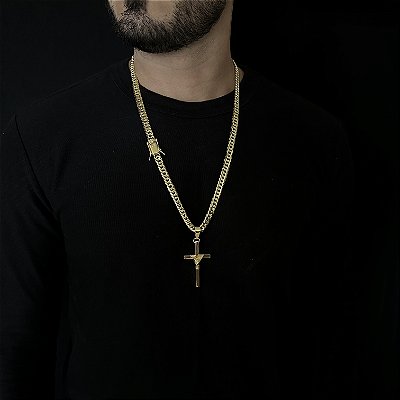 CORRENTE LACRAIA  ( 10mm - 70Cm) + PINGENTE CRUZ AMARRADA  MACIÇA - BANHADO A OURO 18k