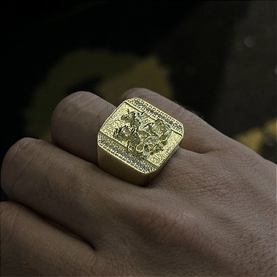 ANEL SÃO JORGE CRAVEJADO EM ZIRCÔNIA  PREMIUM - FEITO DE MOEDA ANTIGA