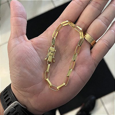 Pulseira Tijolinho Alongado 5mm 17cm a 21cm com Fecho Gaveta – Banhada a Ouro 18K