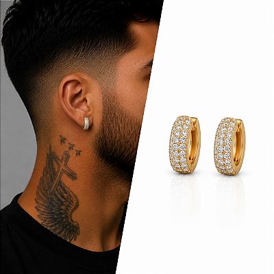 Brinco Argola Ney Cravejada com 3 Fileiras de Zircônias – Banhado a Ouro 18K