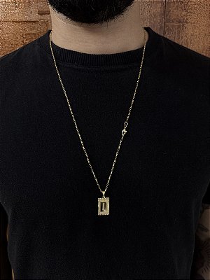 CORRENTE TIJOLINHO -  2mm - 70 ou 60cm + PINGENTE PLACA DIAMANTADA 2x1,2cm   ESCOLHA A LETRA - BANHADO A OURO 18k
