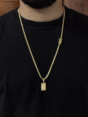 CORRENTE CADEADO DUPLO -  3mm - 70 ou 60cm + PINGENTE PLACA DIAMANTADA 2x1,2cm   ESCOLHA A LETRA - BANHADO A OURO 18k