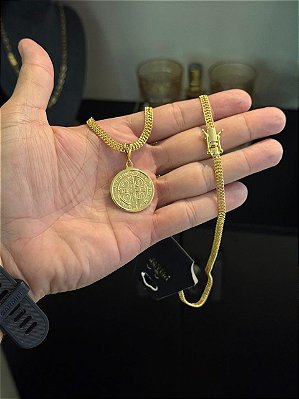CORRENTE GRUMET DUPLA FECHO GAVETA COM MARCAÇÃO  750 (4mm - 70cm )+ PINGENTE  SÃO BENTO DUPLA FACE - BANHADO A OURO 18K