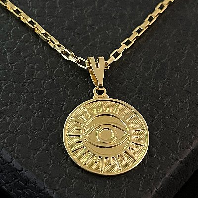 Pingente Medalha Olho Grego – Banhado a Ouro 18K