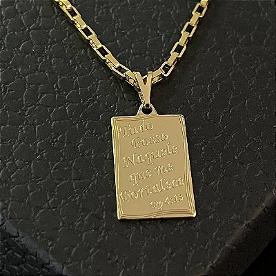 Pingente Placa Tudo Posso (Filipenses 4:13) – Banhado a Ouro 18K