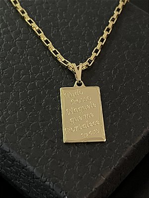 PINGENTE  PLAQUINHA TUDO NAQUELE QUE ME FORTALECE - BANHO DE OURO 18K