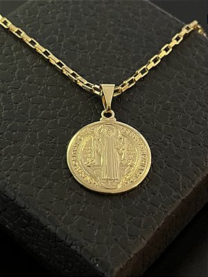 PINGENTE MEDALHA SÃO  BENTO DUPLA FACE  M - BANHO DE OURO 18K