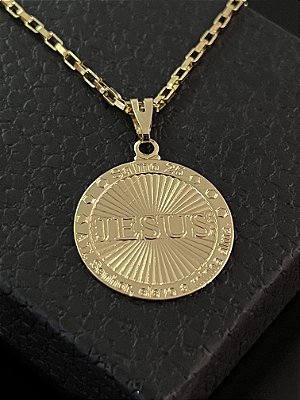 PINGENTE MEDALHA JESUS M - BANHO DE OURO 18K