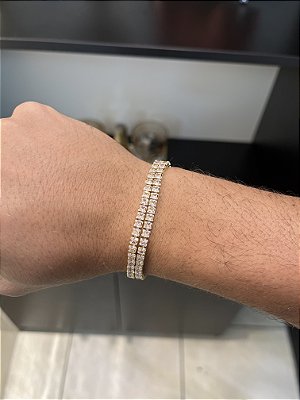 PULSEIRA CRAVEJADA RIVIERA REDONDA DUPLA  (5mm - 9G) - 35cm  - FECHO COM MARCAÇÃO 750 -  BANHO DE OURO 18k.