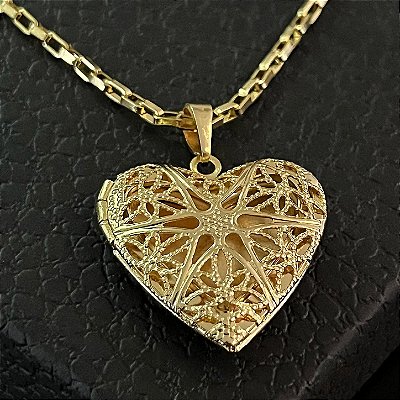 Pingente Relicário Coração Vazado Trabalhado – Banhado a Ouro 18K