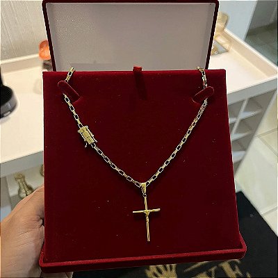 Corrente Tijolinho 3mm 60cm + Pingente Cruz – Banhada a Ouro 18K