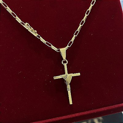 Corrente Tijolinho 3mm 60cm + Pingente Cruz – Banhada a Ouro 18K