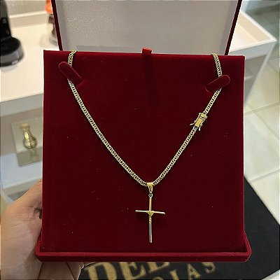 Corrente Lacraia 2mm 60cm + Pingente Cruz – Banhada a Ouro 18K