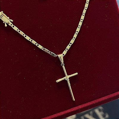 Corrente Lacraia 2mm 70cm + Pingente Cruz – Banhada a Ouro 18K