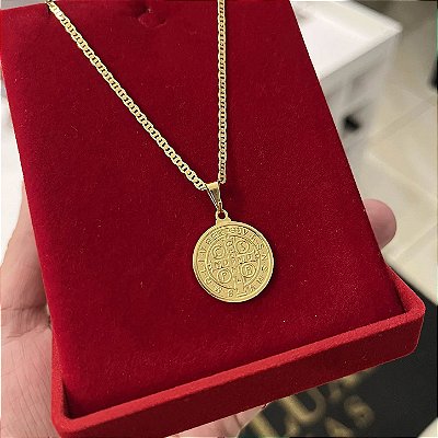 Corrente Piastrine 2mm + Pingente Medalha São Bento – Escolha 50cm, 60cm ou 70cm – Banhada a Ouro 18K