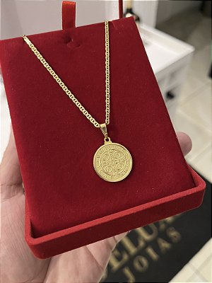 CORRENTE PIASTRINE ( 2mm - 50, 60cm ou 70cm) + PINGENTE SÃO BENTO DUPLA FACE  - BANHADO A OURO 18k