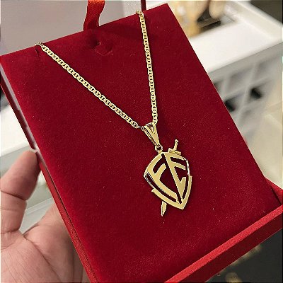 Corrente Piastrine 2mm + Pingente Escudo da Fé – Escolha 50cm, 60cm ou 70cm – Banhada a Ouro 18K