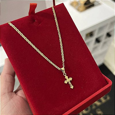 Corrente Piastrine 2mm + Pingente Crucifixo com Jesus – Escolha 50cm, 60cm ou 70cm – Banhada a Ouro 18K