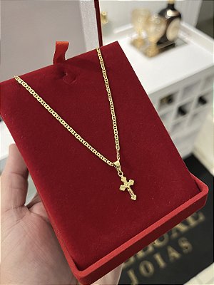 CORRENTE PIASTRINE ( 2mm - 50, 60cm ou 70cm) + PINGENTE  CRUCIFIXO PP  - BANHADO A OURO 18k