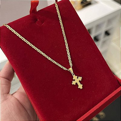 Corrente Piastrine 2mm 60cm + Pingente Cruz – Banhada a Ouro 18K