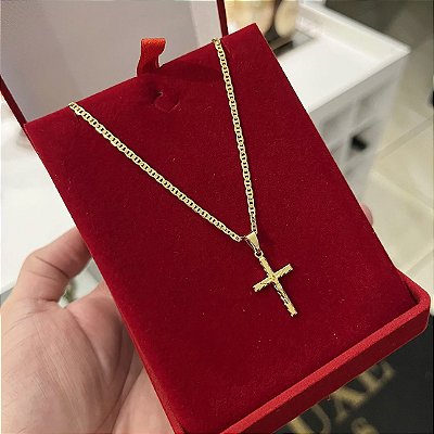 Corrente Piastrine 2mm + Pingente Crucifixo com Jesus – Escolha 50cm, 60cm ou 70cm – Banhada a Ouro 18K