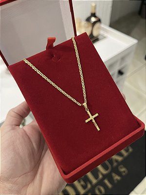 CORRENTE PIASTRINE ( 2mm - 50, 60cm ou 70cm) + PINGENTE  CRUCIFIXO P  - BANHADO A OURO 18k