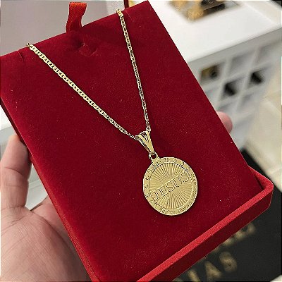 Corrente Piastrine 2mm 60cm + Pingente Jesus – Banhada a Ouro 18K
