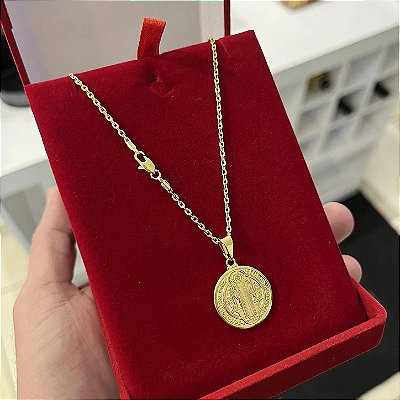 Corrente Cadeado 2mm 70cm + Pingente Medalha São Jorge – Banhada a Ouro 18K