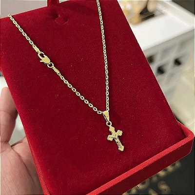 Corrente Cadeado 2mm + Pingente Crucifixo com Jesus – Escolha 50cm, 60cm ou 70cm – Banhada a Ouro 18K