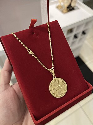 CORRENTE CADEADO (2MM - 50, 60cm ou 70cm) + PINGENTE MEDALHA JESUS  - BANHADO A OURO 18k