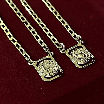 Escapulário Corrente Grumet 2mm 70cm com Medalhas Redondas de São Bento – Banhado a Ouro 18K