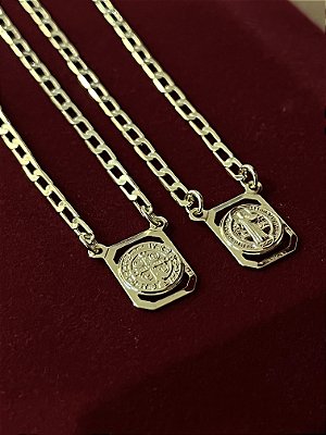 ESCAPULÁRIO CORRENTE GRUMET PLAQUINHA SÃO  BENTO (2MM 60cm ou 70cm) -  BANHADO A OURO 18k
