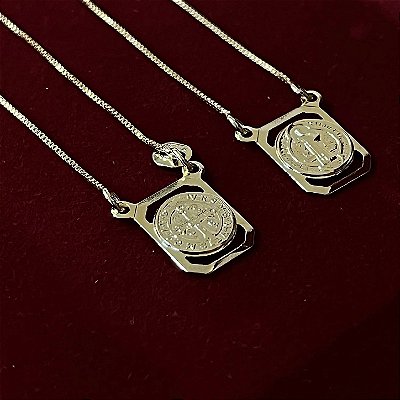 Escapulário Corrente Veneziana 2mm 70cm com Medalhas Redondas de São Bento – Banhado a Ouro 18K