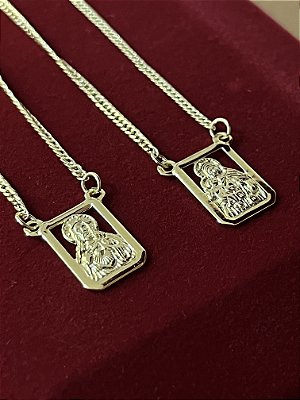 Escapulário Corrente Lacraia 2mm 70cm com Pingentes Sagrado Coração e Nossa Senhora – Banho Ouro 18K