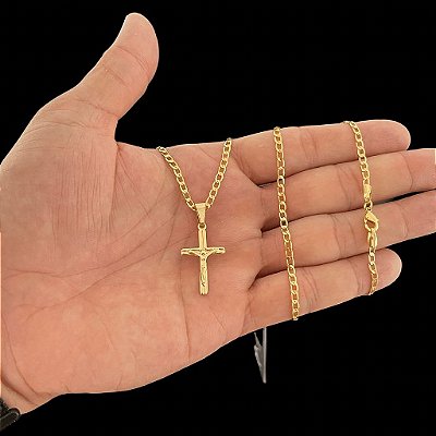CORRENTE GRUMET (2mm -60 ou 70cm )+ PINGENTE CRUCIFIXO - BANHADO A OURO 18K