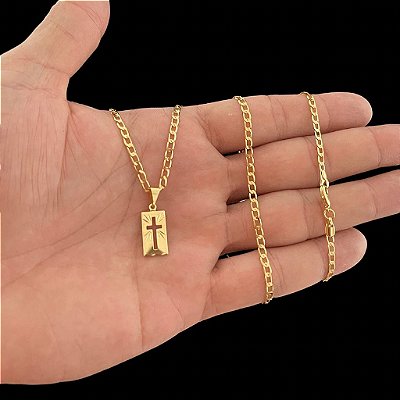 CORRENTE GRUMET (2mm -60 ou 70cm )+ PINGENTE CRUZ VAZADA. - BANHADO A OURO 18K