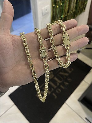 Corrente Cadeado 8mm + Pulseira 21cm – Banho Ouro 18k